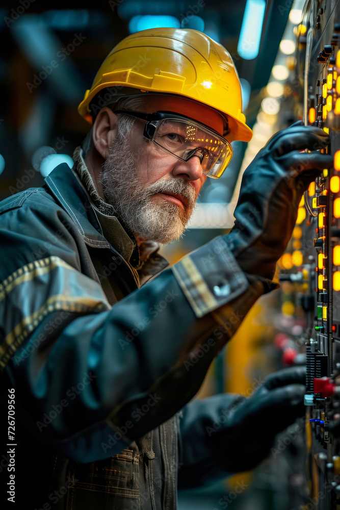Seasoned electrician adjusting machinery in a plant Seasoned electrician adjusting machinery in a plant