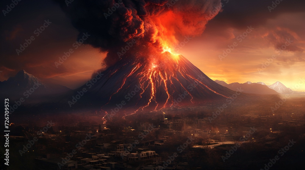 a banner with a volcanic eruption on the city