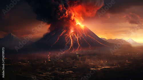 a banner with a volcanic eruption on the city