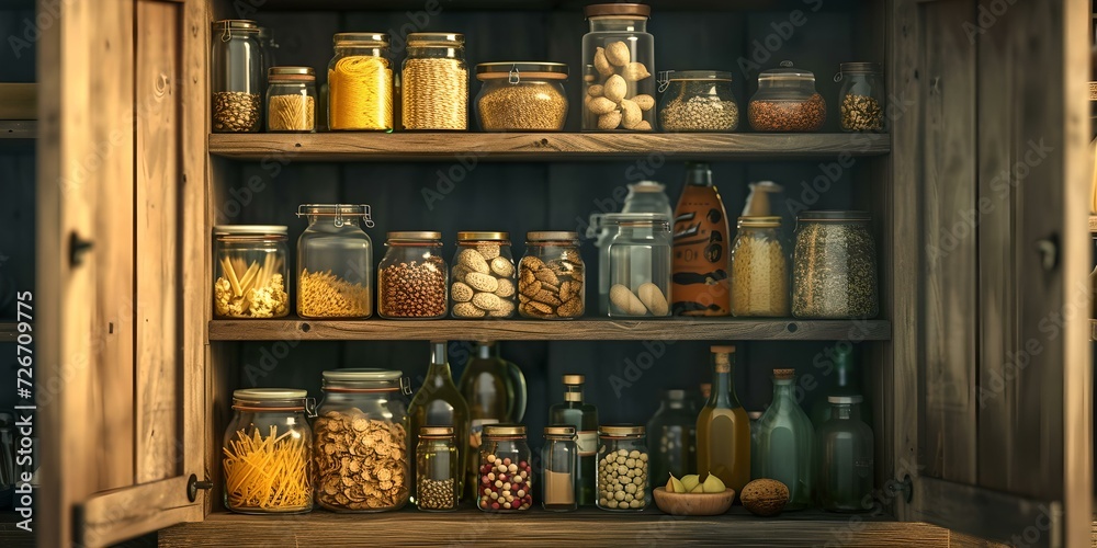 Rustic kitchen pantry shelves stocked with various preserved foods in jars. home canning essentials. vintage preservation scene. homesteading lifestyle. perfect for culinary backgrounds. AI