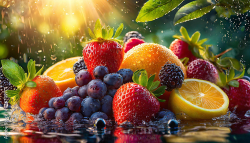 Dojrzałe owoce lata w kroplach deszczu. Generative AI