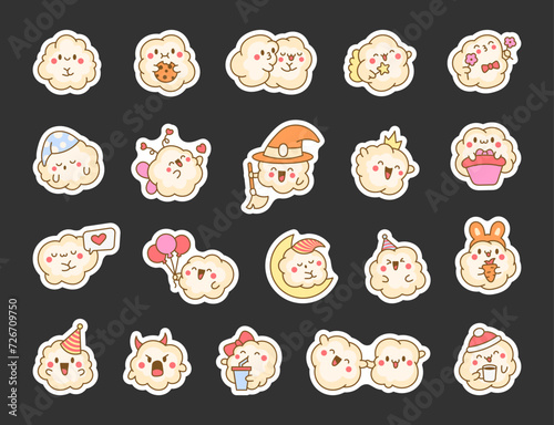 Cute kawaii popcorn with a smile. Sticker Bookmark. Cartoon funny food character. Hand drawn style. Vector drawing. Collection of design elements.