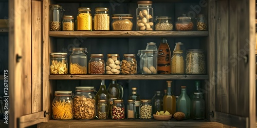 Rustic kitchen pantry shelves stocked with various preserved foods in jars. home canning essentials. vintage preservation scene. homesteading lifestyle. perfect for culinary backgrounds. AI
