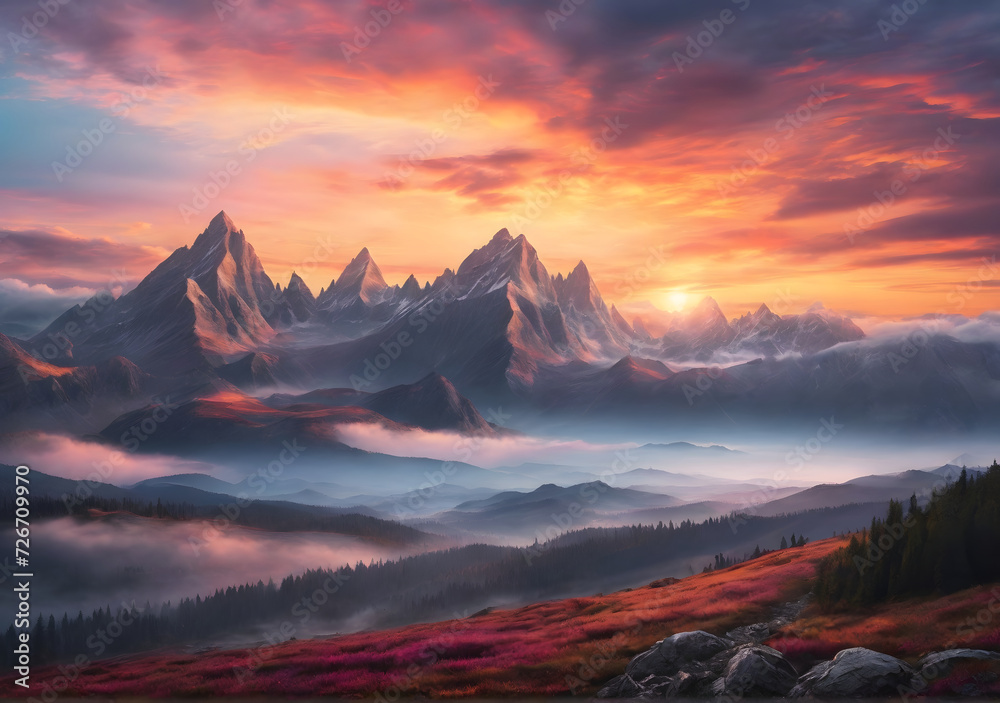 Sunset landscape with high peaks and foggy valley under vibrant colorful evening sky in rocky mountains.