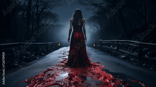 Scary scene of woman in red dress stained with blood on a wet walkway looking horrified and bloody road 