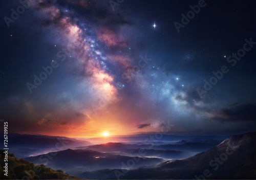 Beautiful sunrise with stars and galaxy in night sky