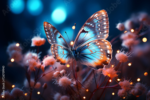 Wild light blue flowers in field and two fluttering butterfly on nature outdoors, close-up macro. Magic artistic image. Toned in blue and purple tones © Ekaterina