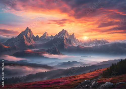Sunset landscape with high peaks and foggy valley under vibrant colorful evening sky in rocky mountains.