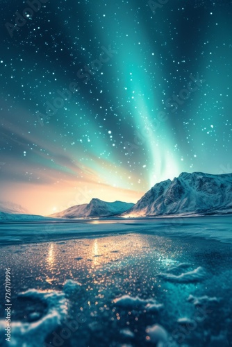 Northern lights dance over a snowy landscape reflecting on icy terrain