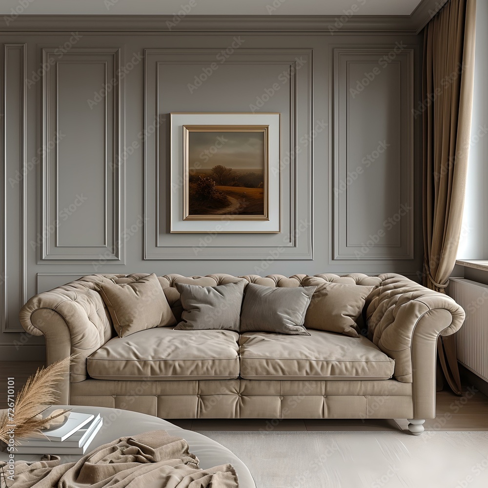 Fototapeta premium Elegant living room with classic sofa and art frame. neutral toned interior design. perfect for home decor inspiration. AI