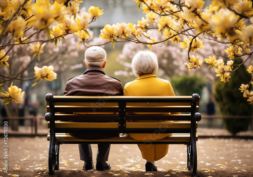 Senior couple sitting on garden bench in spring time. Tenderness and complicity. Flowery park. AI generated