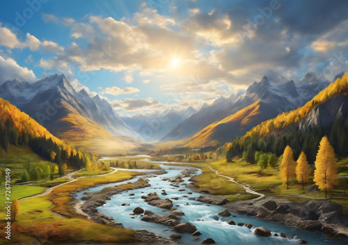 Amazing landscape with high mountains, beautiful curving river, green forest, blue sky with clouds and yellow sunlight in autumn