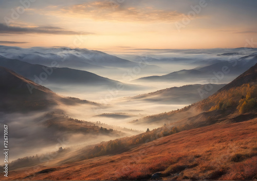 Majestic autumn scenery of foggy valley at mountain range at early morning sunrise. Beautiful tonal perspective wide angle.