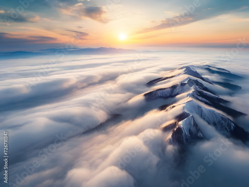 Flying above the clouds on drone. Panoramic morning view of mountain on background. Fabulous sunrise on Ukraine, Europe. Beauty of nature concept background.