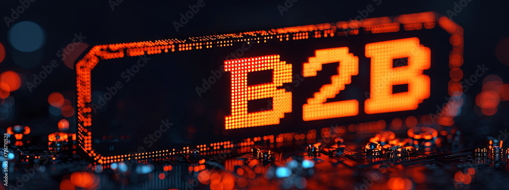 Vivid B2B neon sign glowing on a complex circuit board