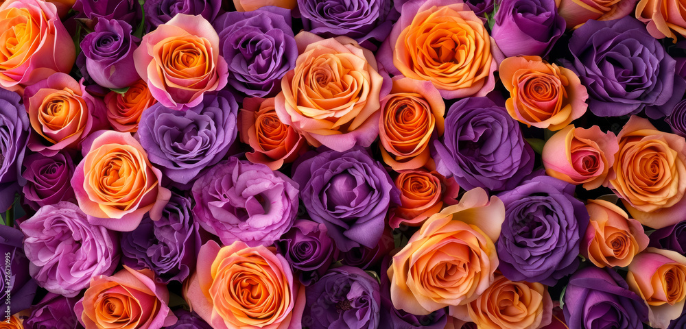 Naklejka premium lush bouquet of violet and orange roses in full bloom