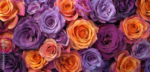 vibrant array of purple and orange roses close-up