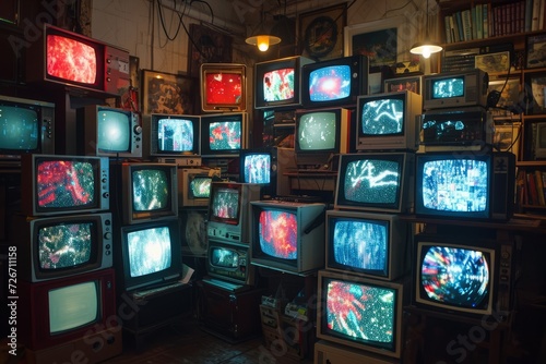 Collection of vintage televisions showing vibrant static in a retro room