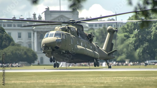 Military helicopter landing near the white house on a sunny day. action, government, defense concepts. captured in clear view. AI