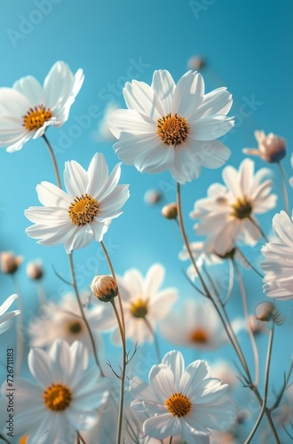Delicate white daisies blooming, clear blue backdrop