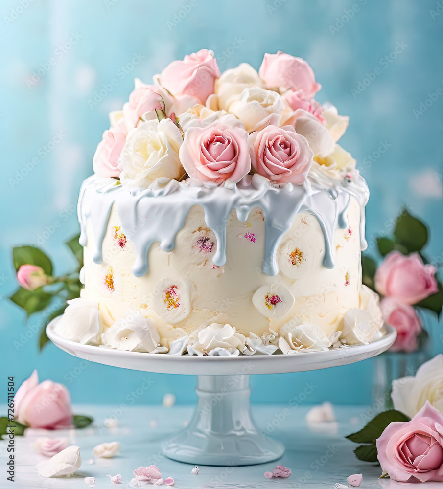 Beautiful sweet cake decorated with creamy flowers.