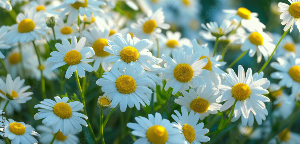 Fototapeta premium serene field of white daisies under blue sky with soft focus