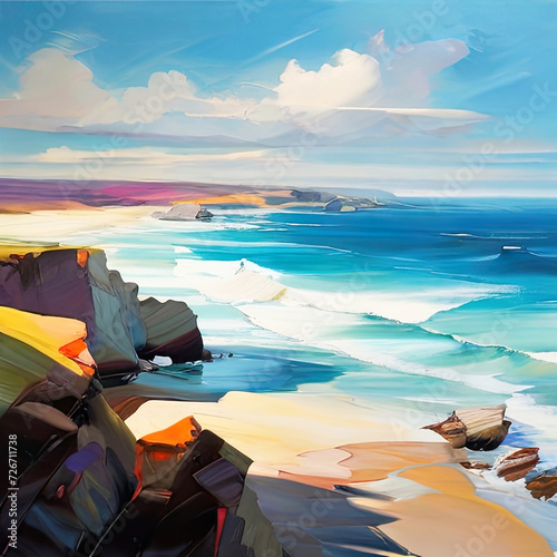 The oil painting of the sea coast. Coastal art. Scenic nature view.