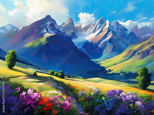 Scenic nature view oil painting. Landscape with mountains.