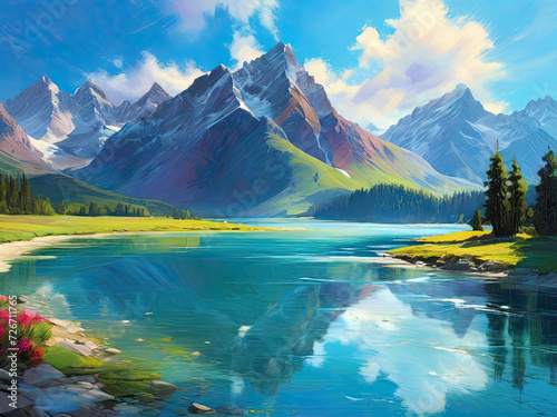 Scenic nature view oil painting. Landscape with mountains.