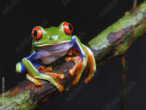 A red-eyed tree frog gracefully leaps off a branch with a dark background