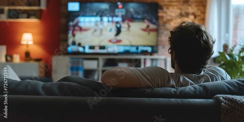 Relaxed evening at home watching sports on TV, man enjoying basketball game from couch. cozy living room interior. AI