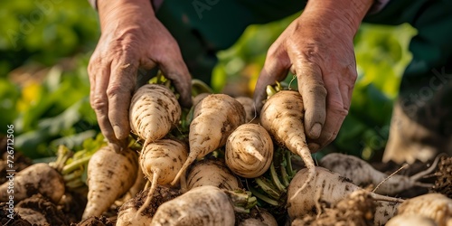 Freshly harvested parsnips held in farmer's hands in a field. vibrant, natural, and sustainable agriculture. organic farming practices showcased. AI photo