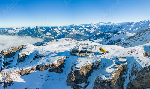 Aerial drone view of snow covered ski slopes at Stoos,Switzerland