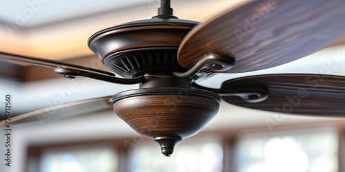 Modern Ceiling Fan in a Cozy Living Room, copy space. Contemporary ceiling fan with light, blending seamlessly into a bright, stylish home interior.
