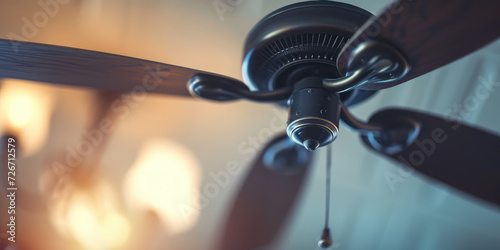 Modern black Ceiling Fan in a Cozy Living Room, copy space. Contemporary ceiling fan with light, blending seamlessly into a bright, stylish home interior.