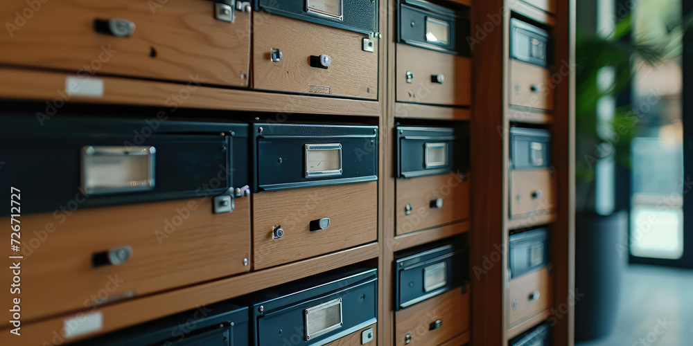 Modern Mailboxes in Apartment Building Foyer. A row of mailboxes in a residential building, nobody. Modern Mailboxes in Apartment Building Foyer. A row of mailboxes in a residential building, nobody.