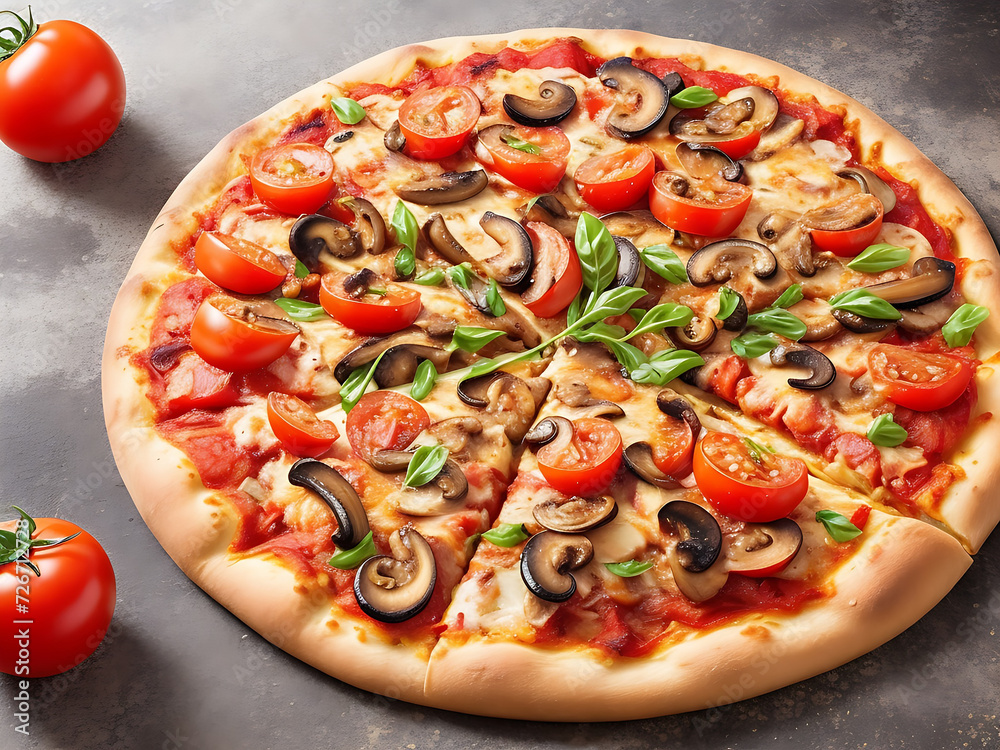 Vegetables, mushrooms and tomatoes pizza Generative Ai