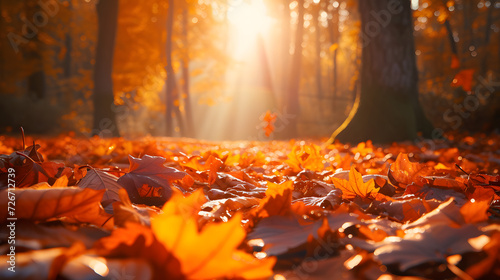 Autumn leaves on the ground with sunlight filtering through trees