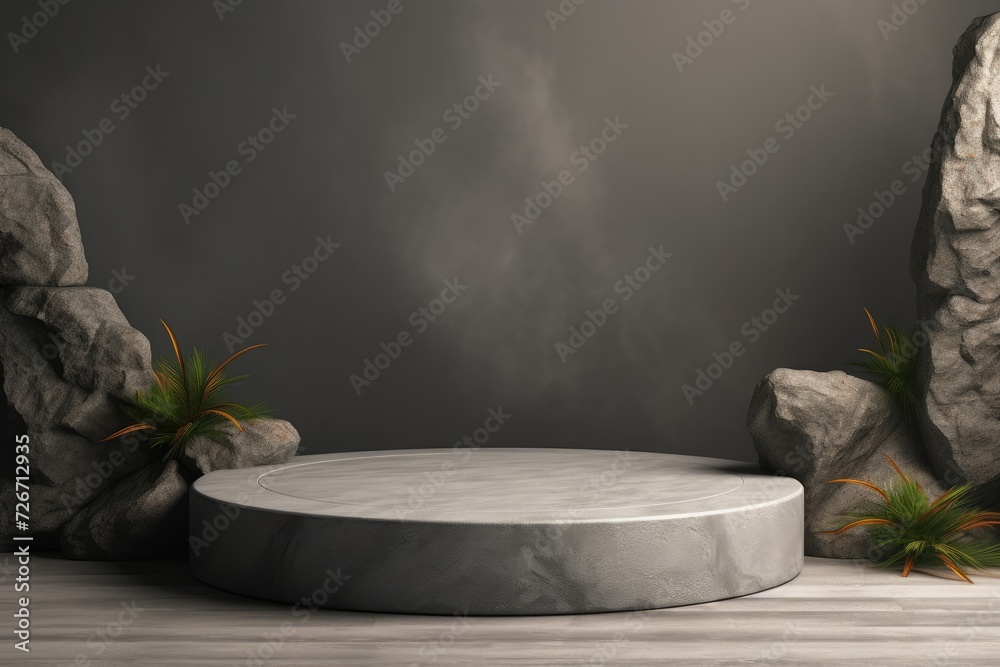 Natural dark stone podium for showing packaging and display product on black background. Natural dark stone podium for showing packaging and display product on black background.
