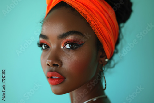 Young beauty stylish African American woman on blue background, portrait of black fashion girl with beautiful makeup and hairstyle, bright lipstick and eye shadow