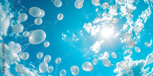 Whimsical bubbles floating gently against a blue sky, sun rays peeking through. serenity and playfulness in nature. AI