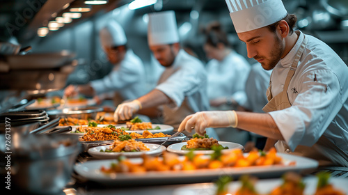 A group of chefs prepare a large number of dishes in a professional kitchen