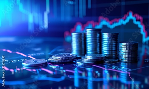 Stacks of coins with stock market chart background. Financial concept.AI.