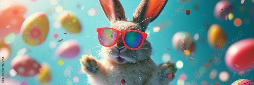 Fototapeta premium cute Easter bunny with holographic sunglasses dancing, Easter eggs flying around, very bold colors