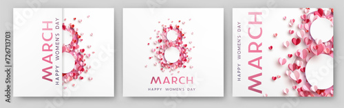 Women's Day greeting card or banner set with pink cut eight number and flying paper hearts. Vector 8 March international holiday templates for poster, cover, label, sales