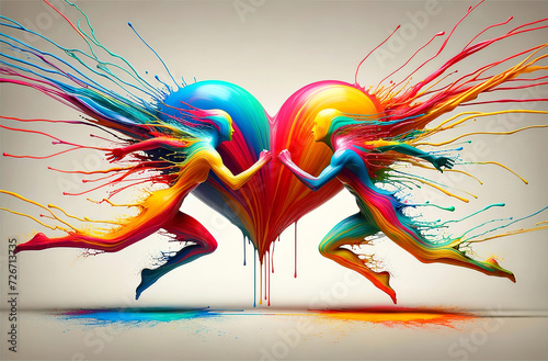 A vibrant artwork showing two silhouettes merging into a heart with a dynamic splash of colorful paint against a neutral background with copy space.Concept of love. AI generated.