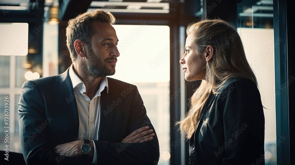 Man and woman engaging in a thoughtful dialogue in an office setting Man and woman engaging in a thoughtful dialogue in an office setting