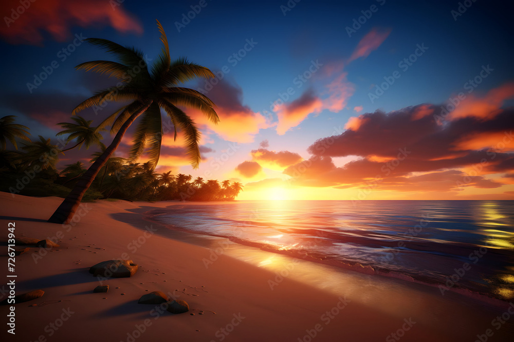Silhouette of palm trees against the backdrop of a beautiful sunset on a tropical sea beach. Traveling, vacation