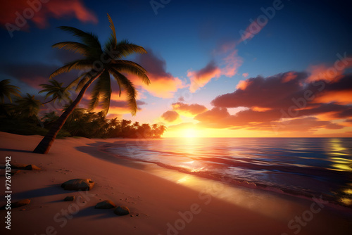 Silhouette of palm trees against the backdrop of a beautiful sunset on a tropical sea beach. Traveling, vacation