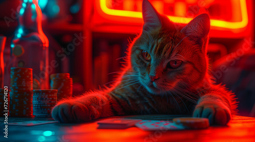 The cat at the gambling table. Neon cyber atmosphere